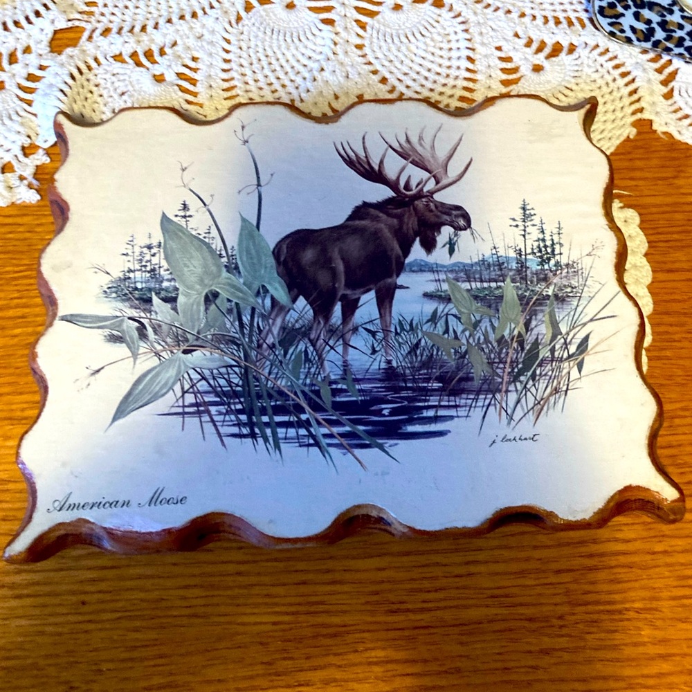 Moose Plaque Artwork, Wood, 7” x 8.75” browns and greens
